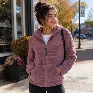 DKNY Sport Women’s Sherpa Fleece Full Zip Jacket Mauve Pink Soft Cozy Size